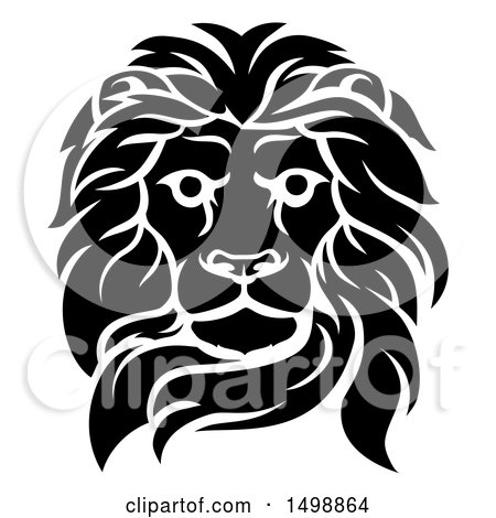 Clipart of a Black and White Tough Male Lion Head - Royalty Free Vector Illustration by AtStockIllustration