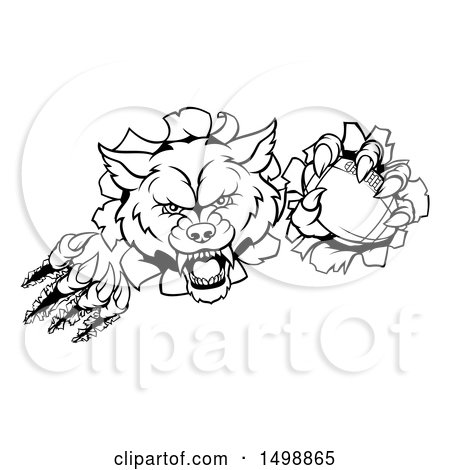 Clipart of a Black and White Ferocious Wolf Slashing Through a Wall with a Football - Royalty Free Vector Illustration by AtStockIllustration