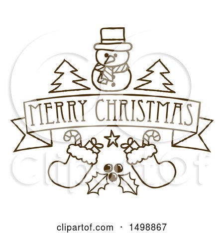 Clipart of a Merry Christmas Banner with Holly Stockings Trees and a Snowman - Royalty Free Vector Illustration by AtStockIllustration