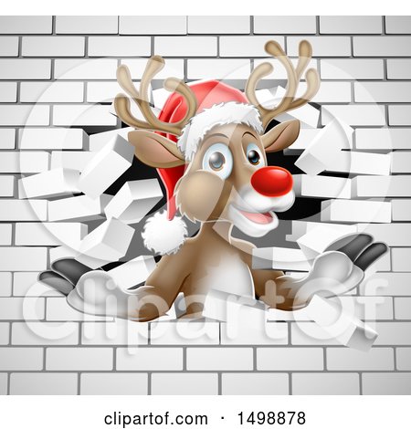 Clipart of a Red Nosed Christmas Reindeer Breaking Through a White Brick Wall - Royalty Free Vector Illustration by AtStockIllustration