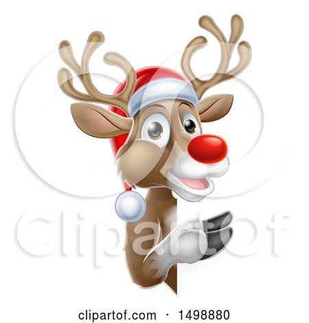 Clipart of a Red Nosed Christmas Reindeer Looking Around a Sign - Royalty Free Vector Illustration by AtStockIllustration