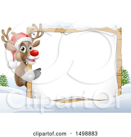 Clipart of a Red Nosed Christmas Reindeer with a Blank Sign in a Winter Landscape - Royalty Free Vector Illustration by AtStockIllustration