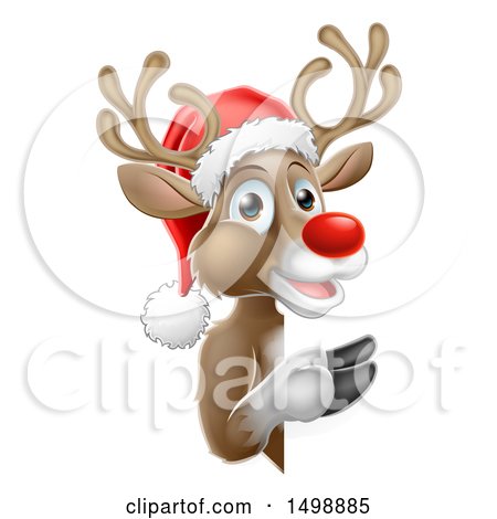 Clipart of a Red Nosed Reindeer Wearing a Christmas Santa Hat and Looking Around a Sign - Royalty Free Vector Illustration by AtStockIllustration
