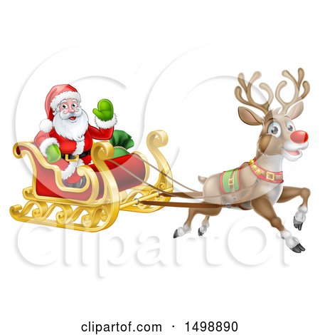 Clipart of a Christmas Santa Claus in a Flying Magic Sleigh with a Reindeer - Royalty Free Vector Illustration by AtStockIllustration