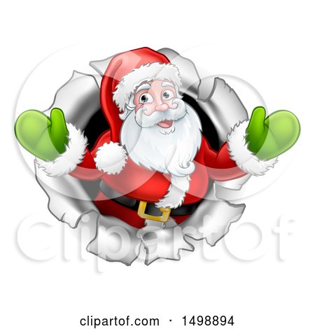 Clipart of a Christmas Santa Claus Breaking Through a Hole in a Wall - Royalty Free Vector Illustration by AtStockIllustration