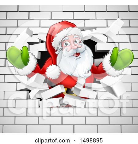 Clipart of a Christmas Santa Claus Breaking Through a White Brick Wall - Royalty Free Vector Illustration by AtStockIllustration