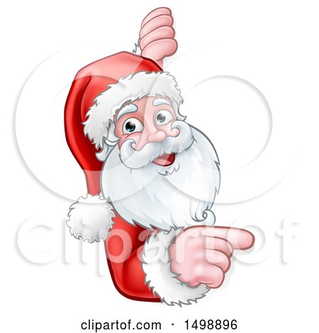 Clipart of a Christmas Santa Claus Face Pointing Around a Sign - Royalty Free Vector Illustration by AtStockIllustration