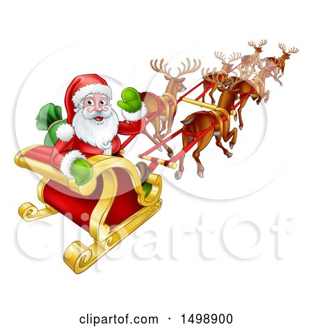 Clipart of a Christmas Santa Claus in a Flying Magic Sleigh with Reindeer - Royalty Free Vector Illustration by AtStockIllustration