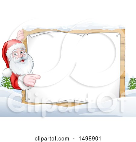 Clipart of a Winter Landscape with Santa Pointing Around a Blank Sign - Royalty Free Vector Illustration by AtStockIllustration