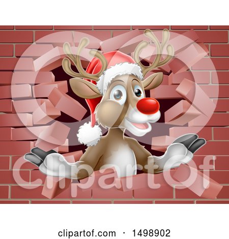 Clipart of a Red Nosed Christmas Reindeer Breaking Through a Brick Wall - Royalty Free Vector Illustration by AtStockIllustration