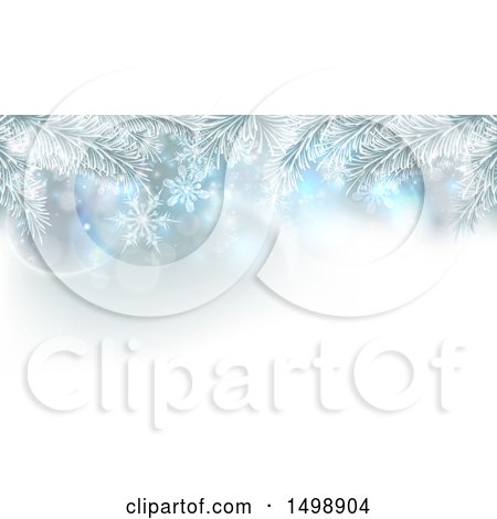 Clipart of a Background of Frosted Christmas Tree Branches and Snowflakes - Royalty Free Vector Illustration by AtStockIllustration