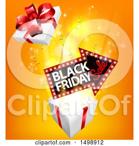 Clipart of a 3d Arrow Marquee Sign with Black Friday Sale Text over a Gift Box - Royalty Free Vector Illustration by AtStockIllustration