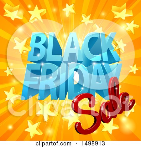 Clipart of a 3d Black Friday Sale Design in Blue and Red over a Star Burst - Royalty Free Vector Illustration by AtStockIllustration
