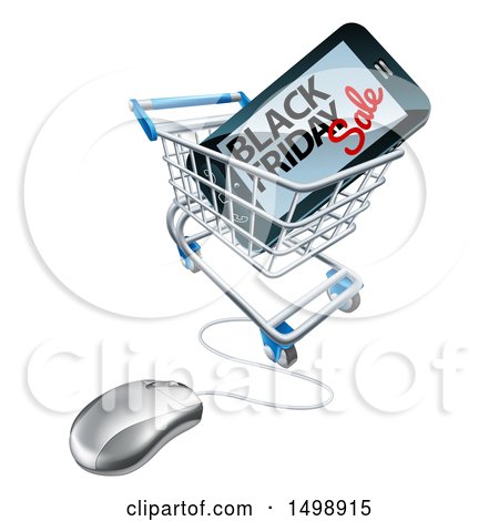 Clipart of a Black Friday Sale Advertisement on a Smart Phone Screen in an Online Shopping Cart - Royalty Free Vector Illustration by AtStockIllustration
