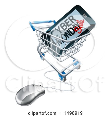 Clipart of a 3d Computer Mouse and Smart Phone with Cyber Monday Sale Text on the Screen in a Shopping Cart - Royalty Free Vector Illustration by AtStockIllustration