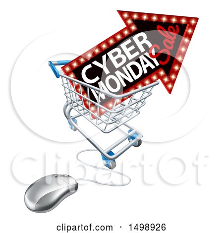 Clipart of a 3d Computer Mouse with a Marquee Arrow Sign with Cyber Monday Sale Text in a Shopping Cart - Royalty Free Vector Illustration by AtStockIllustration