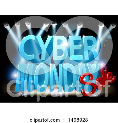 Clipart of a 3d Lit up Stage with a Cyber Monday Sale Design in Blue and Red - Royalty Free Vector Illustration by AtStockIllustration
