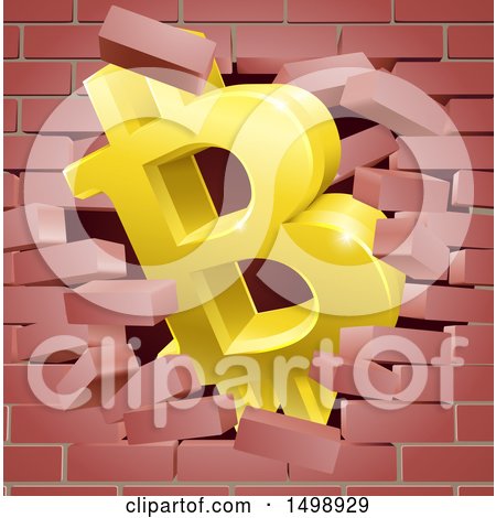 Clipart of a 3d Gold Bitcoin Currency Symbol Breaking Through a Brick Wall - Royalty Free Vector Illustration by AtStockIllustration