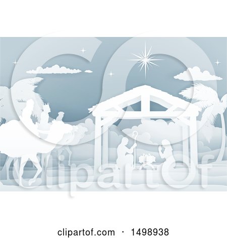 Clipart of a Paper Art Styled Nativity Scene with the Wise Men and Manger - Royalty Free Vector Illustration by AtStockIllustration