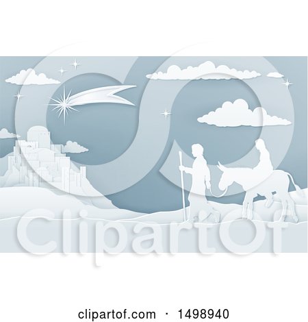 Clipart of a Paper Art Styled Silhouetted Scene of Mary and Joseph on Their Jouney - Royalty Free Vector Illustration by AtStockIllustration
