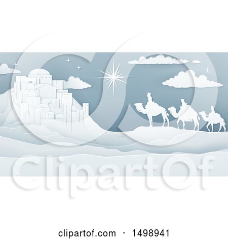 Clipart of a Paper Art Styled Star of David over the Wise Men and Bethlehem - Royalty Free Vector Illustration by AtStockIllustration