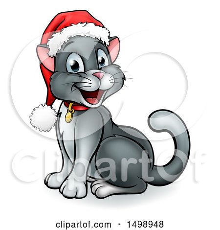 Clipart of a Happy Gray Cat Wearing a Christmas Santa Hat - Royalty Free Vector Illustration by AtStockIllustration