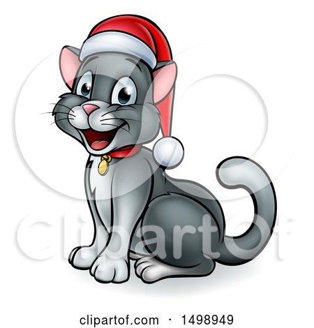 Clipart of a Happy Gray Cat Wearing a Christmas Santa Hat - Royalty Free Vector Illustration by AtStockIllustration