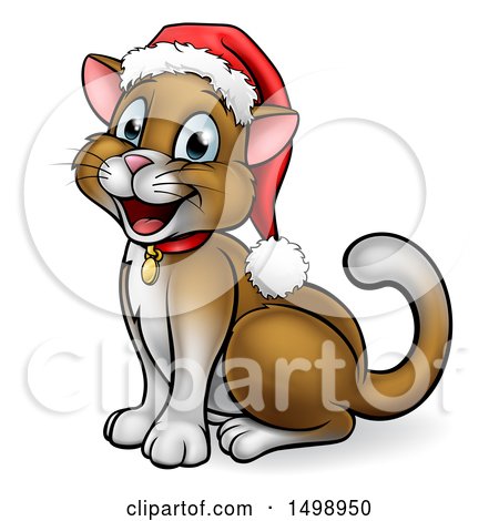 Clipart of a Happy Brown Cat Wearing a Christmas Santa Hat, Sitting and Facing Left - Royalty Free Vector Illustration by AtStockIllustration