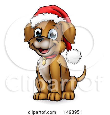 Clipart of a Cartoon Happy Sitting Puppy Dog Wearing a Santa Hat - Royalty Free Vector Illustration by AtStockIllustration