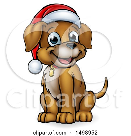 Clipart of a Cartoon Happy Sitting Christmas Puppy Dog Wearing a Santa Hat - Royalty Free Vector Illustration by AtStockIllustration