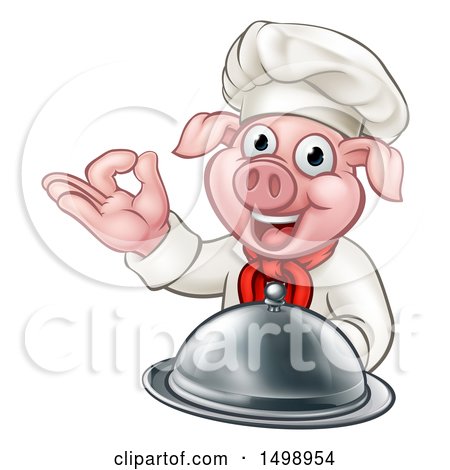 Clipart of a Chef Pig Holding a Cloche and Gesturing Okay - Royalty Free Vector Illustration by AtStockIllustration