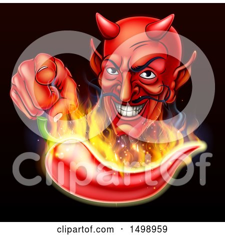 Clipart of a Grinning Devil Pointing over a Flaming Hot Chili Pepper on Black - Royalty Free Vector Illustration by AtStockIllustration