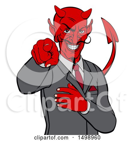 Clipart of a Devil Business Man Pointing Outwards, from the Waist up - Royalty Free Vector Illustration by AtStockIllustration