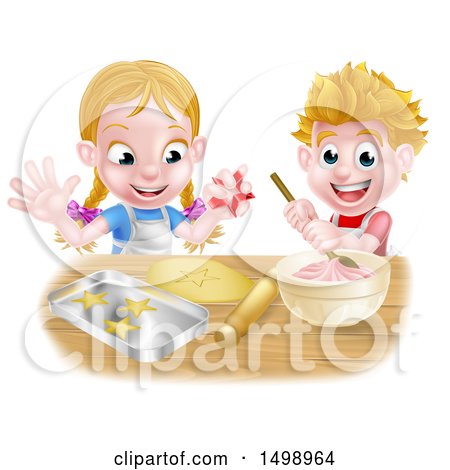 Clipart of a Cartoon Happy Girl and Boy Making Pink Frosting and Star Shaped Cookies - Royalty Free Vector Illustration by AtStockIllustration