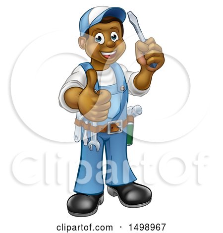 Clipart of a Cartoon Full Length Happy Black Male Handyman Holding a Screwdriver and Giving a Thumb up - Royalty Free Vector Illustration by AtStockIllustration