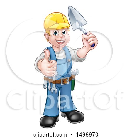 Clipart of a White Male Mason Worker Holding a Trowel and Giving a Thumb up - Royalty Free Vector Illustration by AtStockIllustration