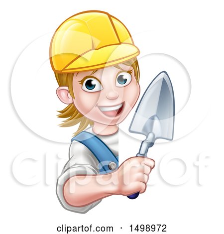 Clipart of a female mason holding a trowel around a sign - Royalty Free Vector Illustration by AtStockIllustration
