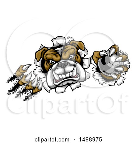 Clipart of a Tough Bulldog Monster Shredding Through a Wall with a Soccer Ball in One Hand - Royalty Free Vector Illustration by AtStockIllustration