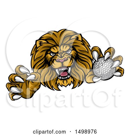 Clipart of a Tough Clawed Male Lion Monster Mascot Holding a Golf Ball - Royalty Free Vector Illustration by AtStockIllustration