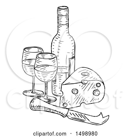 Clipart of a Sketched Cheese Wedge with a Wine Bottle and Glasses - Royalty Free Vector Illustration by AtStockIllustration