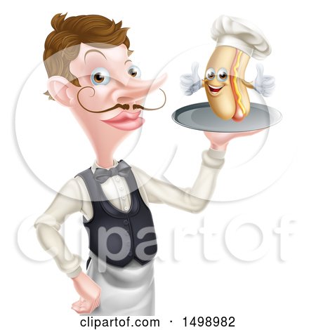 Clipart of a White Male Waiter with a Curling Mustache, Holding a Hot Dog on a Platter - Royalty Free Vector Illustration by AtStockIllustration