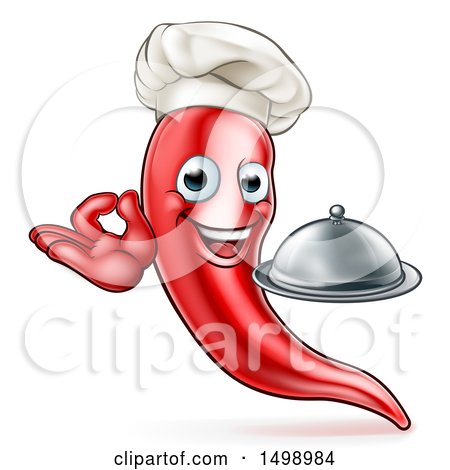 Clipart of a Cartoon Spicy Hot Red Chili Pepper Chef Mascot Holding a Cloche and Gesturing Ok - Royalty Free Vector Illustration by AtStockIllustration