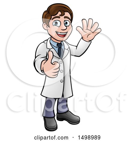 Clipart of a Cartoon Young Male Scientist Waving and Giving a Thumb up - Royalty Free Vector Illustration by AtStockIllustration