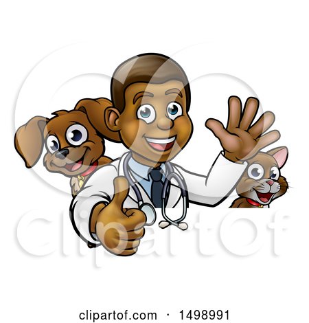 Clipart of a Cartoon Happy Black Male Veterinarian Giving a Thumb up with a Dog and Cat over a Sign - Royalty Free Vector Illustration by AtStockIllustration