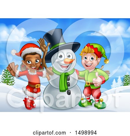 Clipart of a Snowman Waving with Two Christmas Elves in a Winter Landscape - Royalty Free Vector Illustration by AtStockIllustration