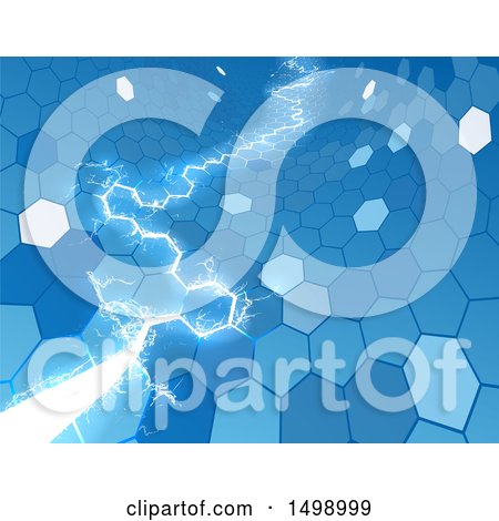 Clipart of a Blue Electric Lightning Through a Honecomb Hexagonal Background - Royalty Free Vector Illustration by AtStockIllustration