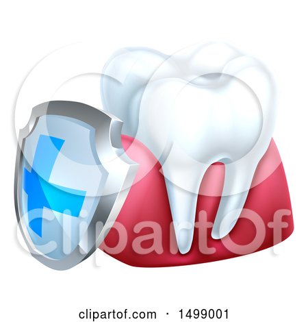 Clipart of a 3d White Tooth and Gums with a Blue and Silver Protective Dental Shield - Royalty Free Vector Illustration by AtStockIllustration