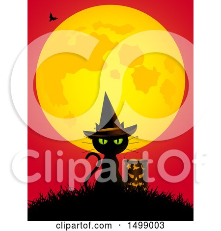 Clipart of a Witch Cat with a Lantern Under a Full Moon - Royalty Free Vector Illustration by elaineitalia