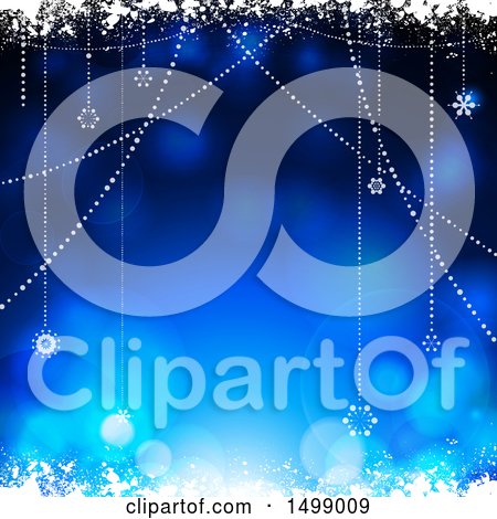 Clipart of a Blue Christmas Background with Hanging Stars and Snow - Royalty Free Vector Illustration by elaineitalia