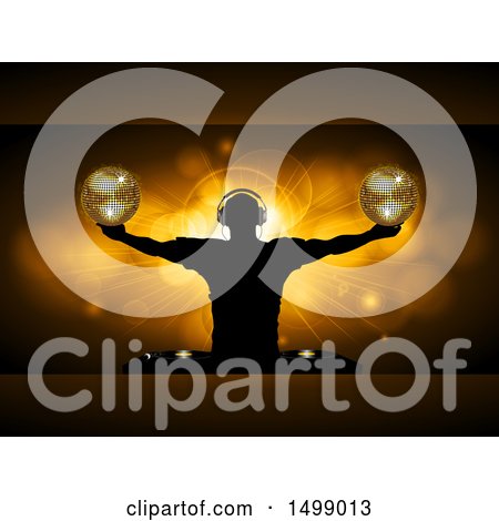 Clipart of a Silhouetted Male Dj Holding Disco Balls over a Gold Burst - Royalty Free Vector Illustration by elaineitalia
